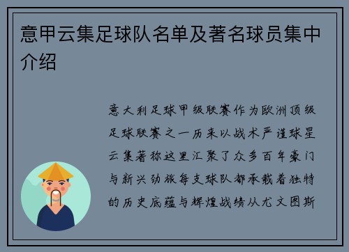 意甲云集足球队名单及著名球员集中介绍